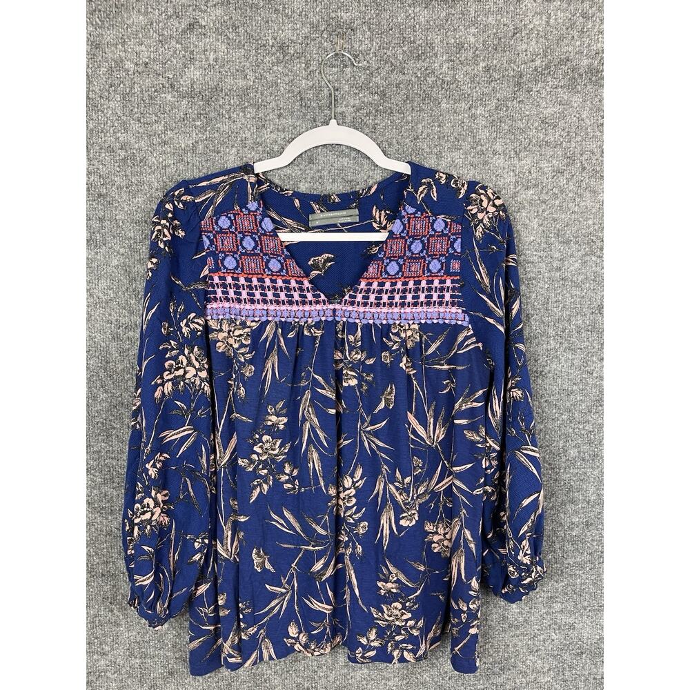 Anthropol Women's Indigo‎ Floral Peasant Embroidered Top Size Medium